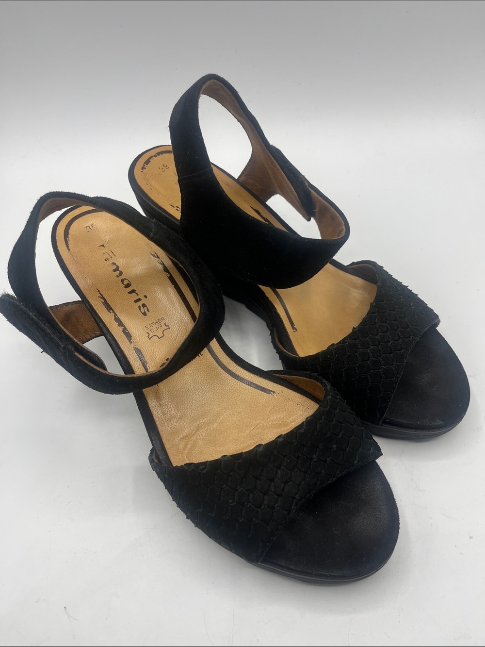 Tamaris Black Textured Open-Toe Slingback wedges